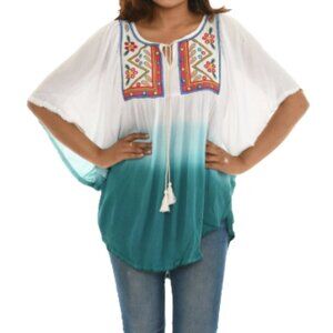 Shoreline Turquoise Ombre Scoop Neck Tie Font Boho Embroidered Top SZ L